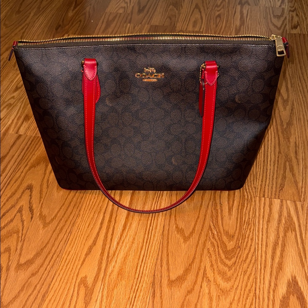 Coach Signature Brown Tote with Red Accents